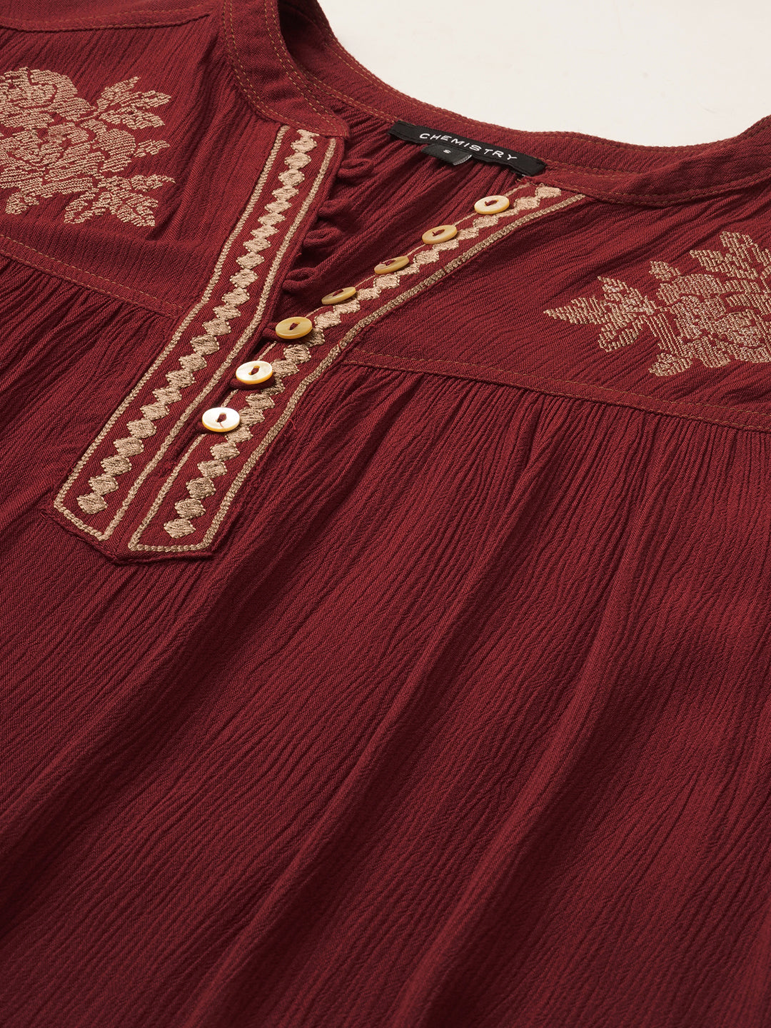 Crinkle Rayon Embroidered Yoke Swing Tunic Top