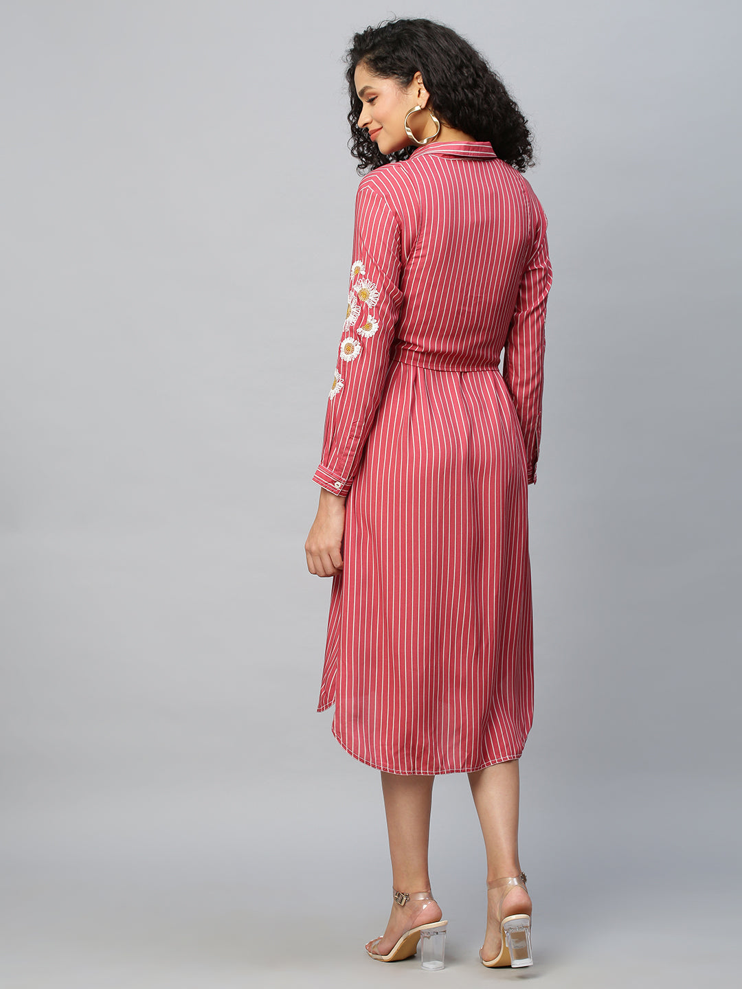 Printed Rayon Tie Front Shirt Dress With Embroidered Sleeves