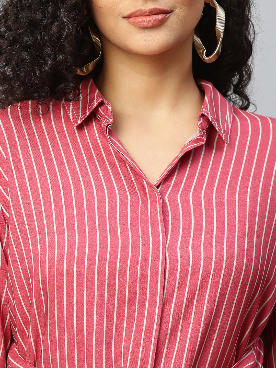 Printed Rayon Tie Front Shirt Dress With Embroidered Sleeves