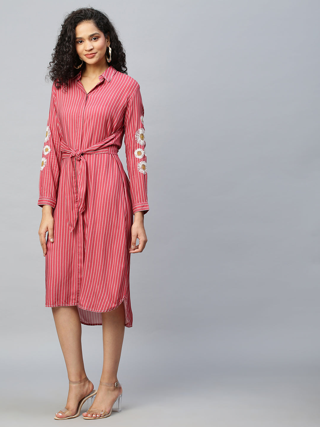 Printed Rayon Tie Front Shirt Dress With Embroidered Sleeves