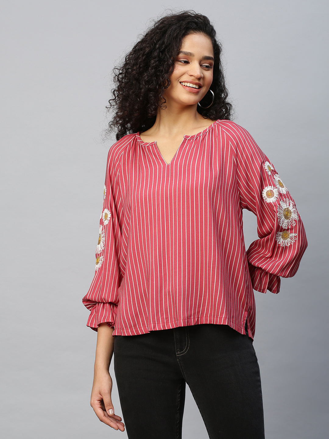 Striped Rayon Tunic Top W/ Embroidered Sleeves