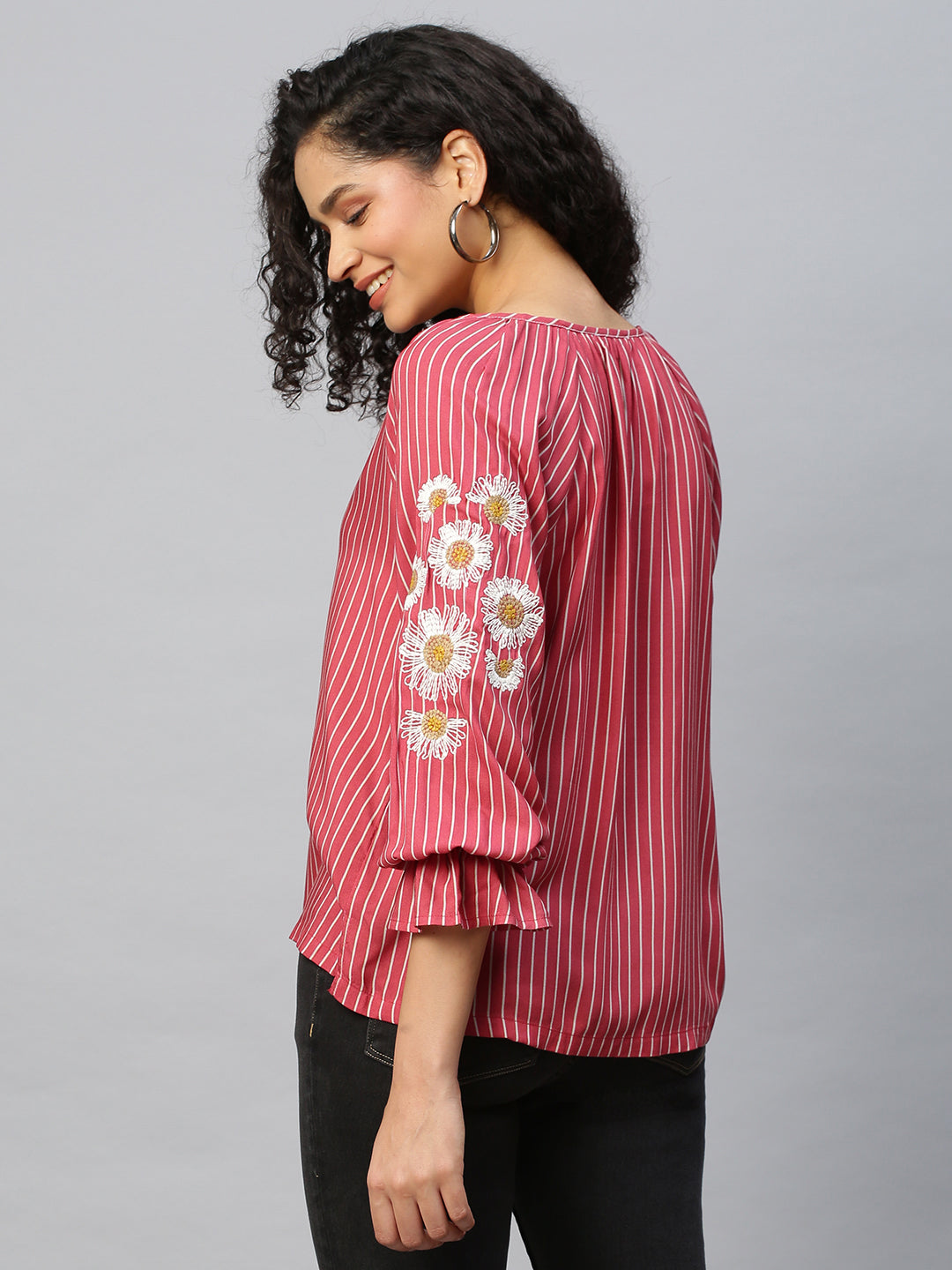 Striped Rayon Tunic Top W/ Embroidered Sleeves