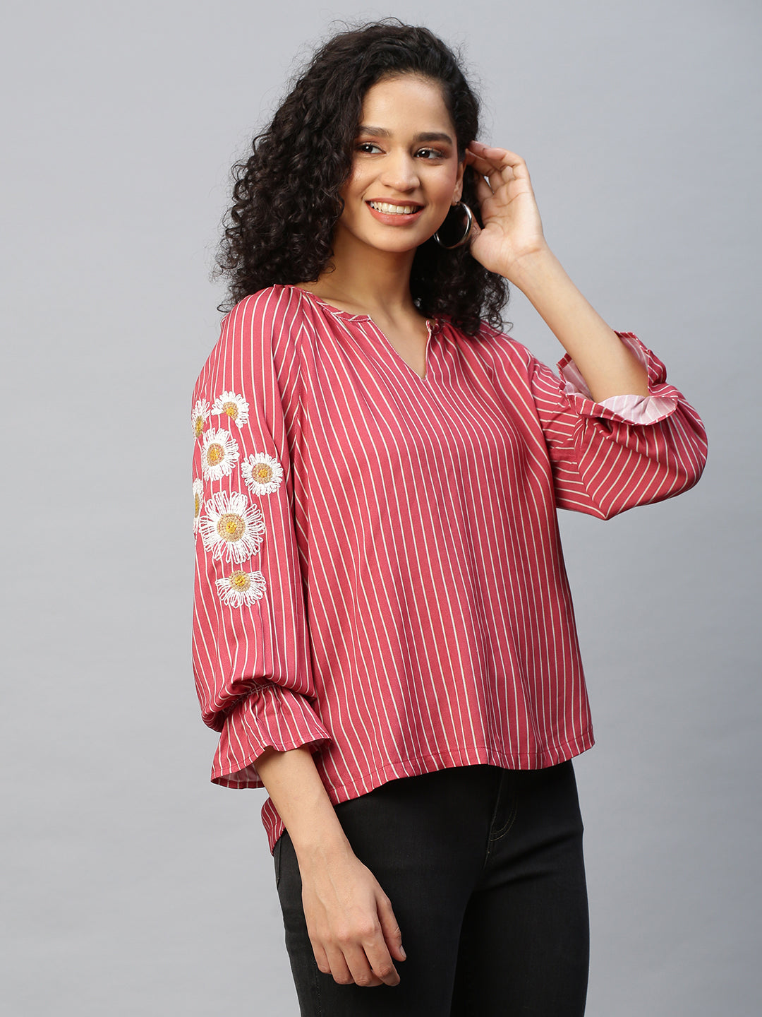 Striped Rayon Tunic Top W/ Embroidered Sleeves
