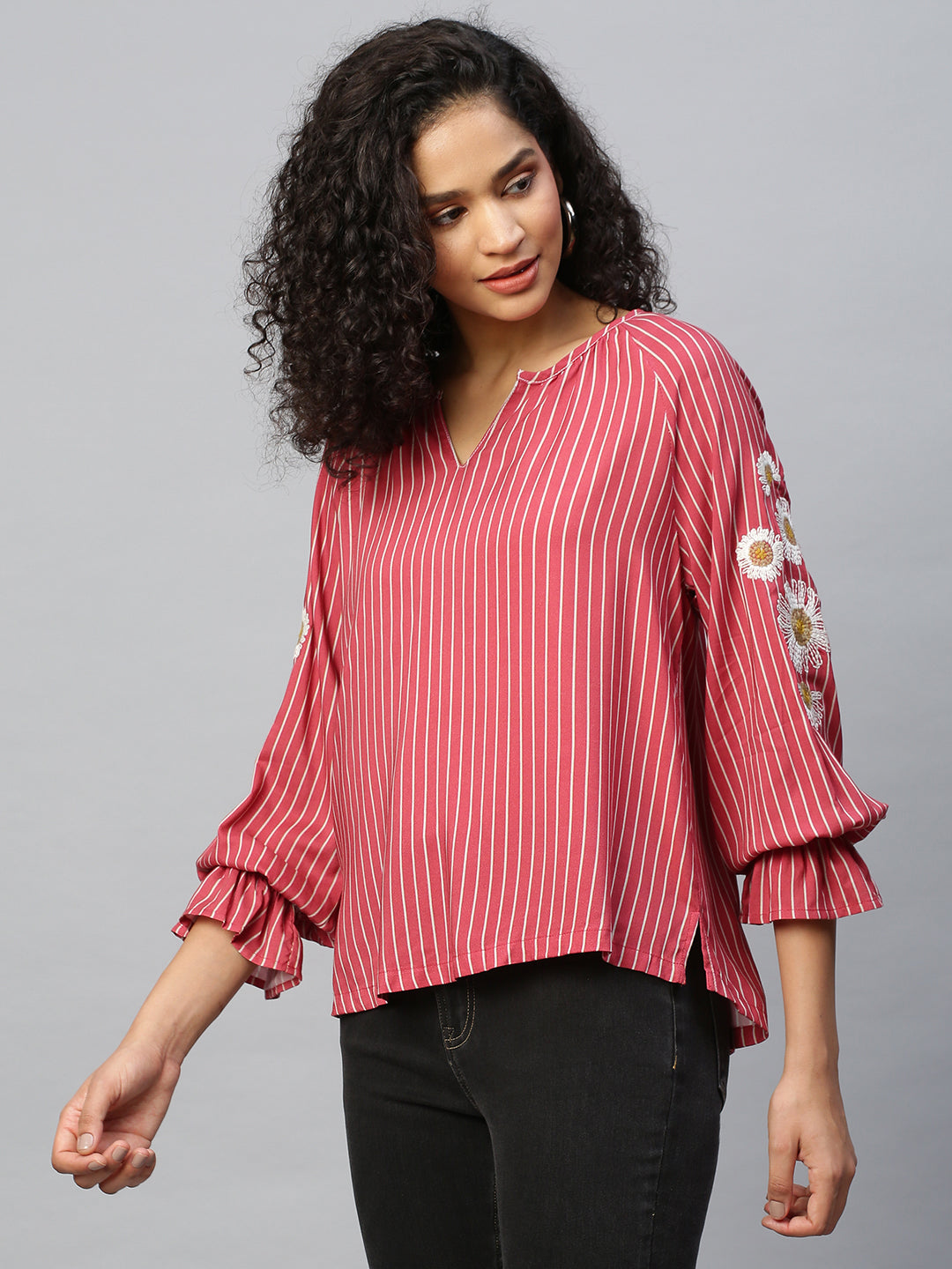 Striped Rayon Tunic Top W/ Embroidered Sleeves