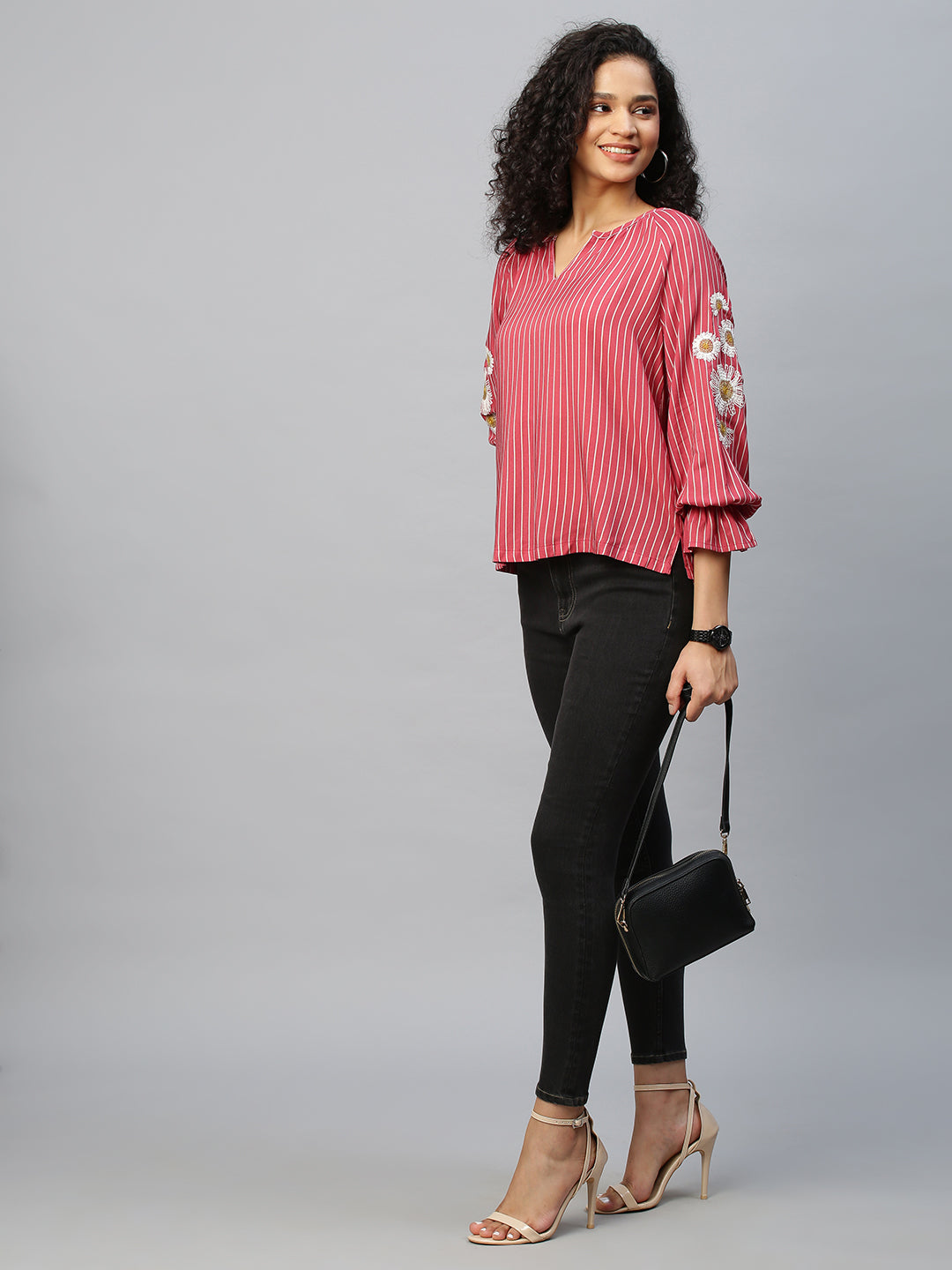 Striped Rayon Tunic Top W/ Embroidered Sleeves
