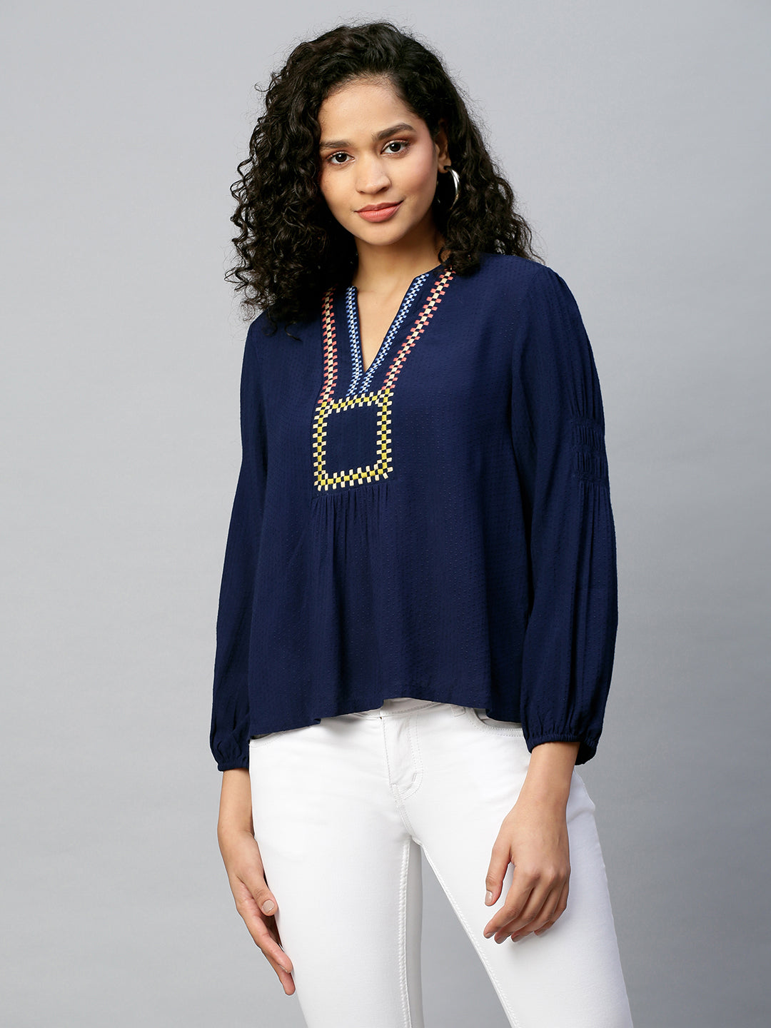 Rayon Dobby Embroidered Tunic Top