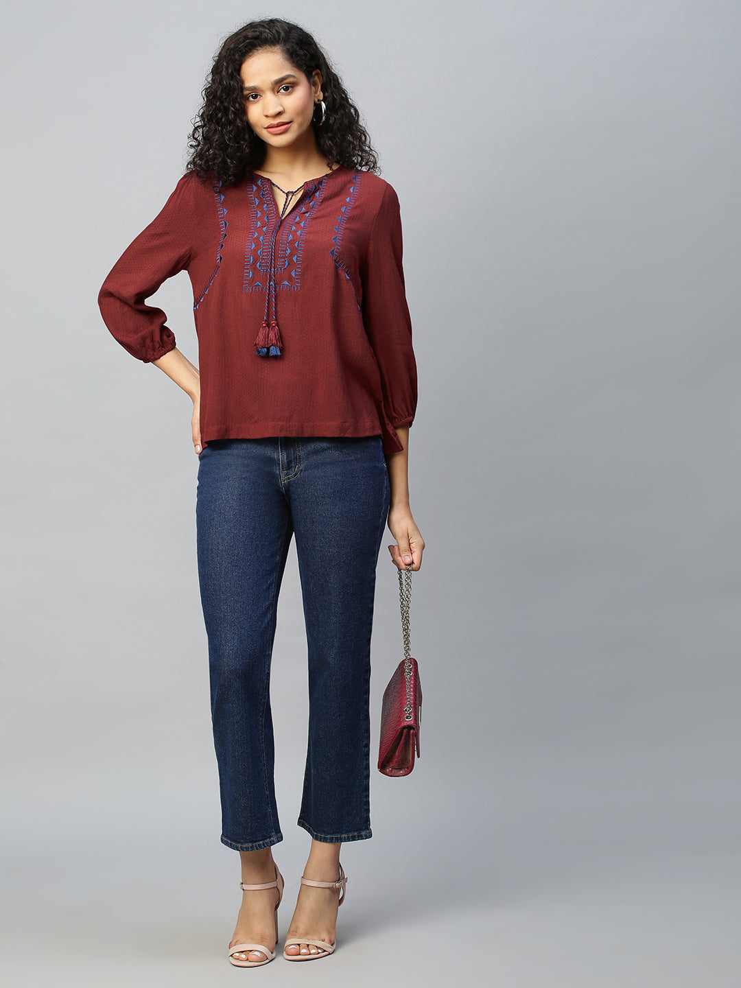 Rayon Dobby Embroidered Tunic Top