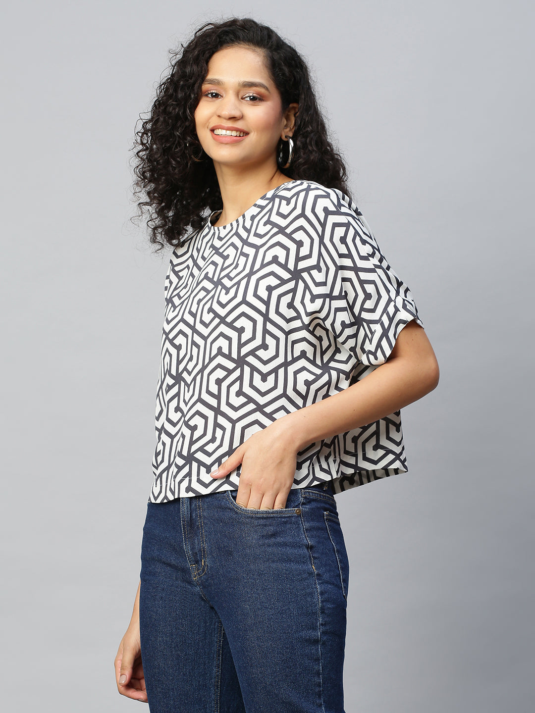 Viscose Crepe Drop Shoulder Cropped Box Top