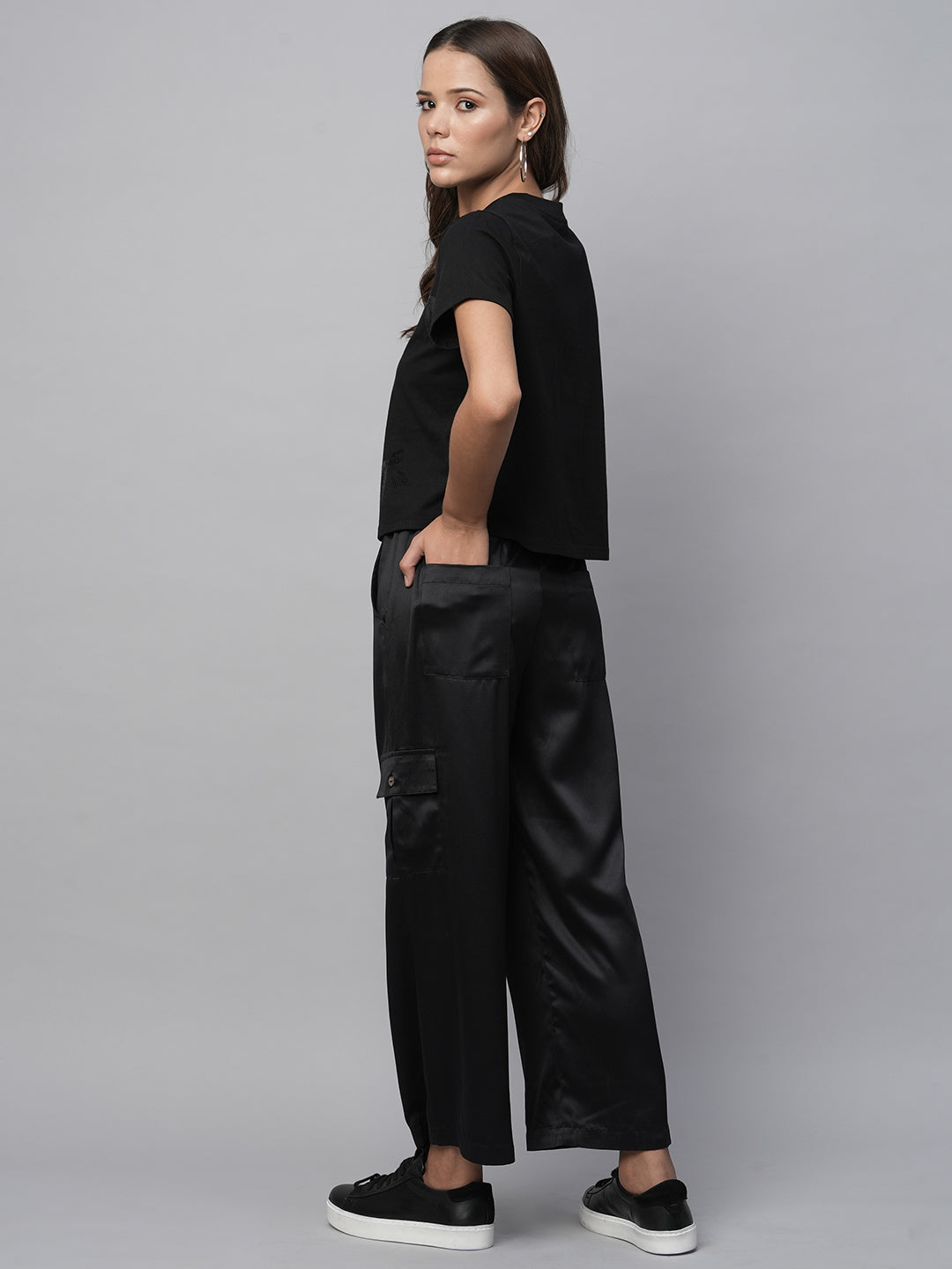 Sequin Embroidered Tee & Satin Cargo Lounge Pant Set