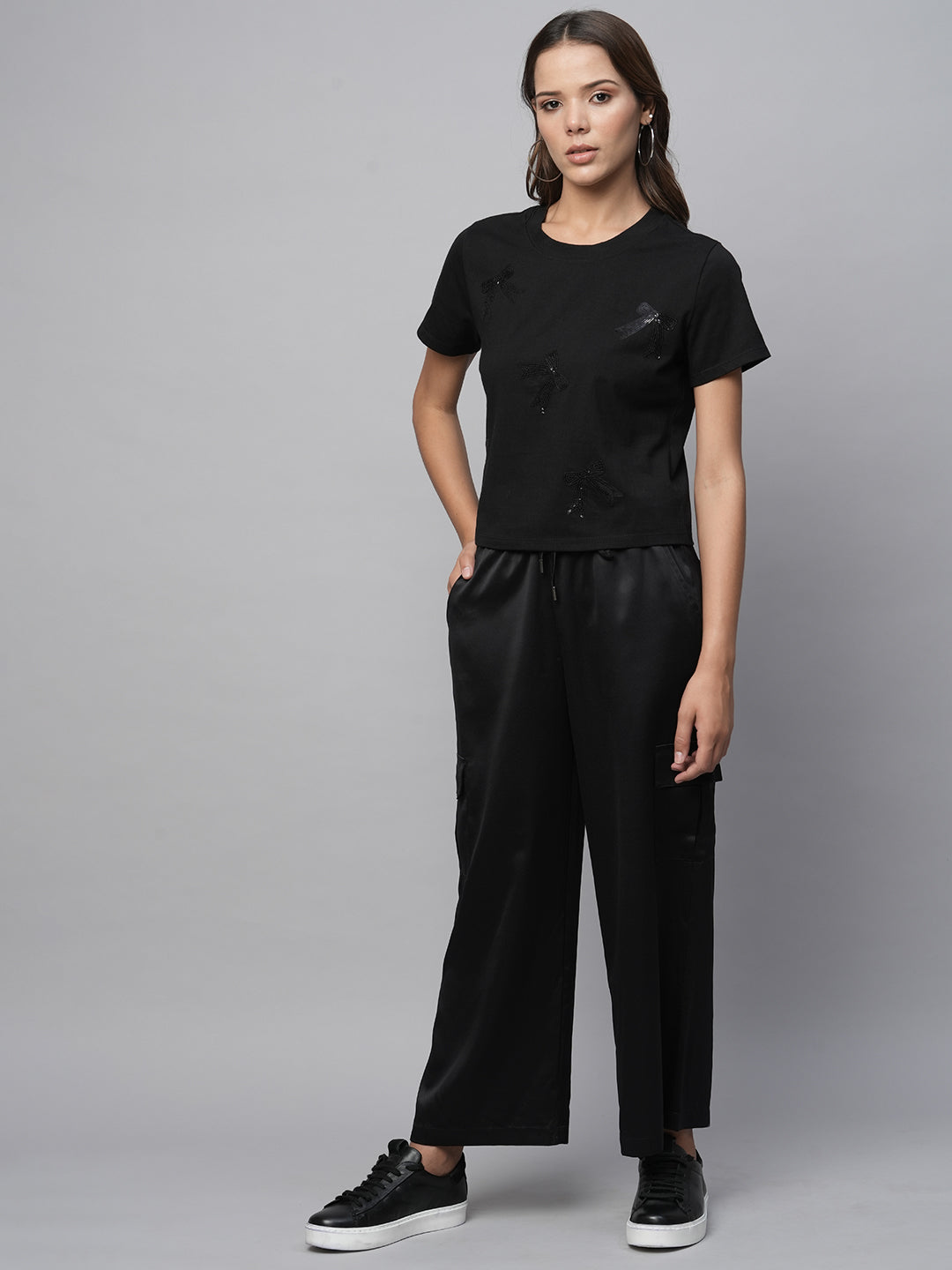 Sequin Embroidered Tee & Satin Cargo Lounge Pant Set