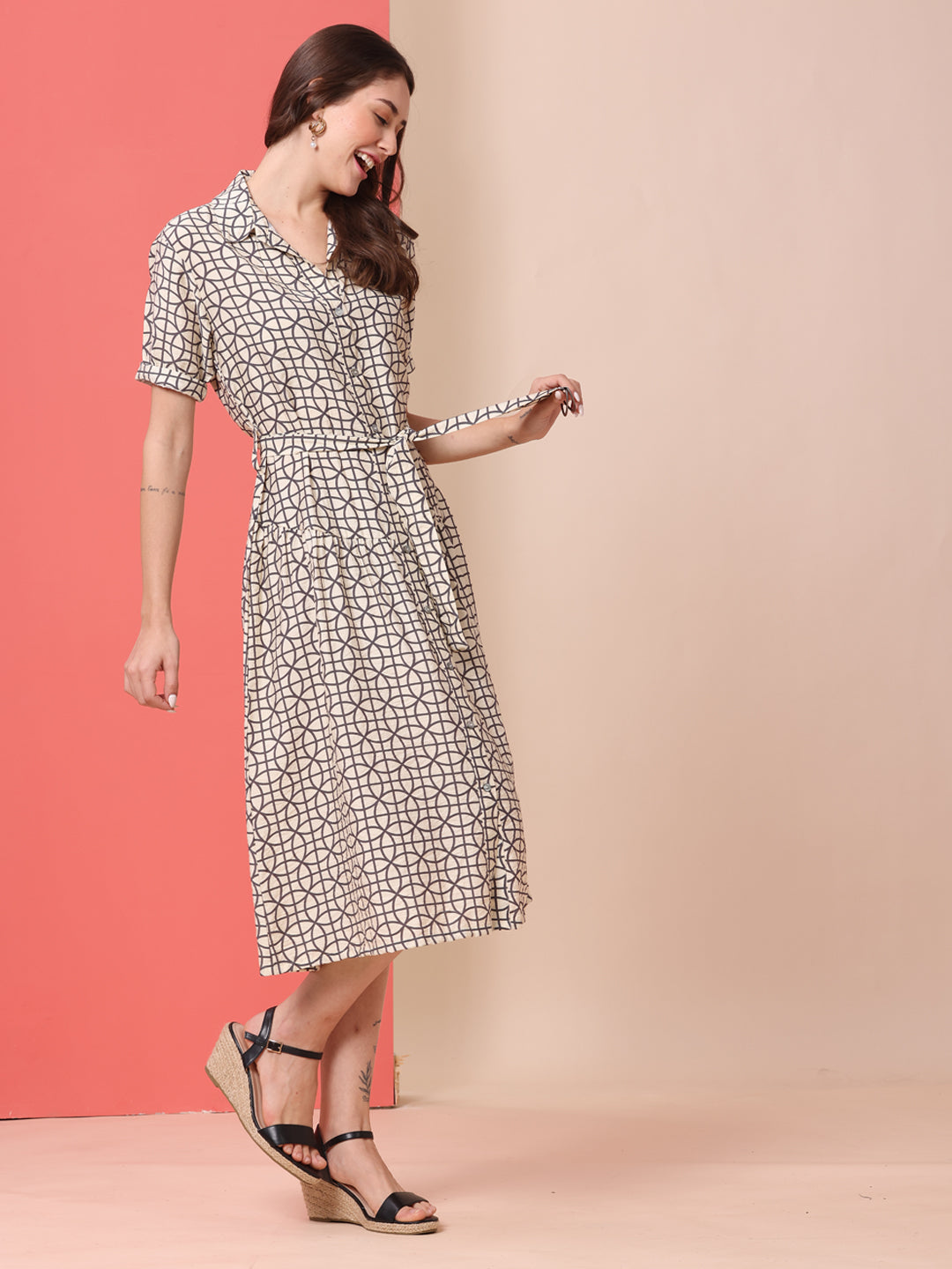 HAMMERED SATIN TIERED SHIRT DRESS