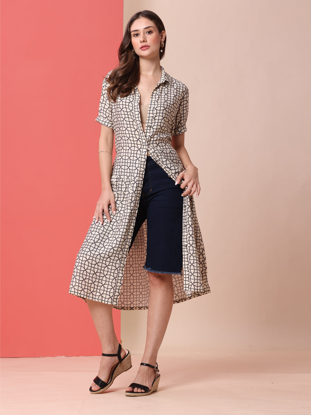 HAMMERED SATIN TIERED SHIRT DRESS