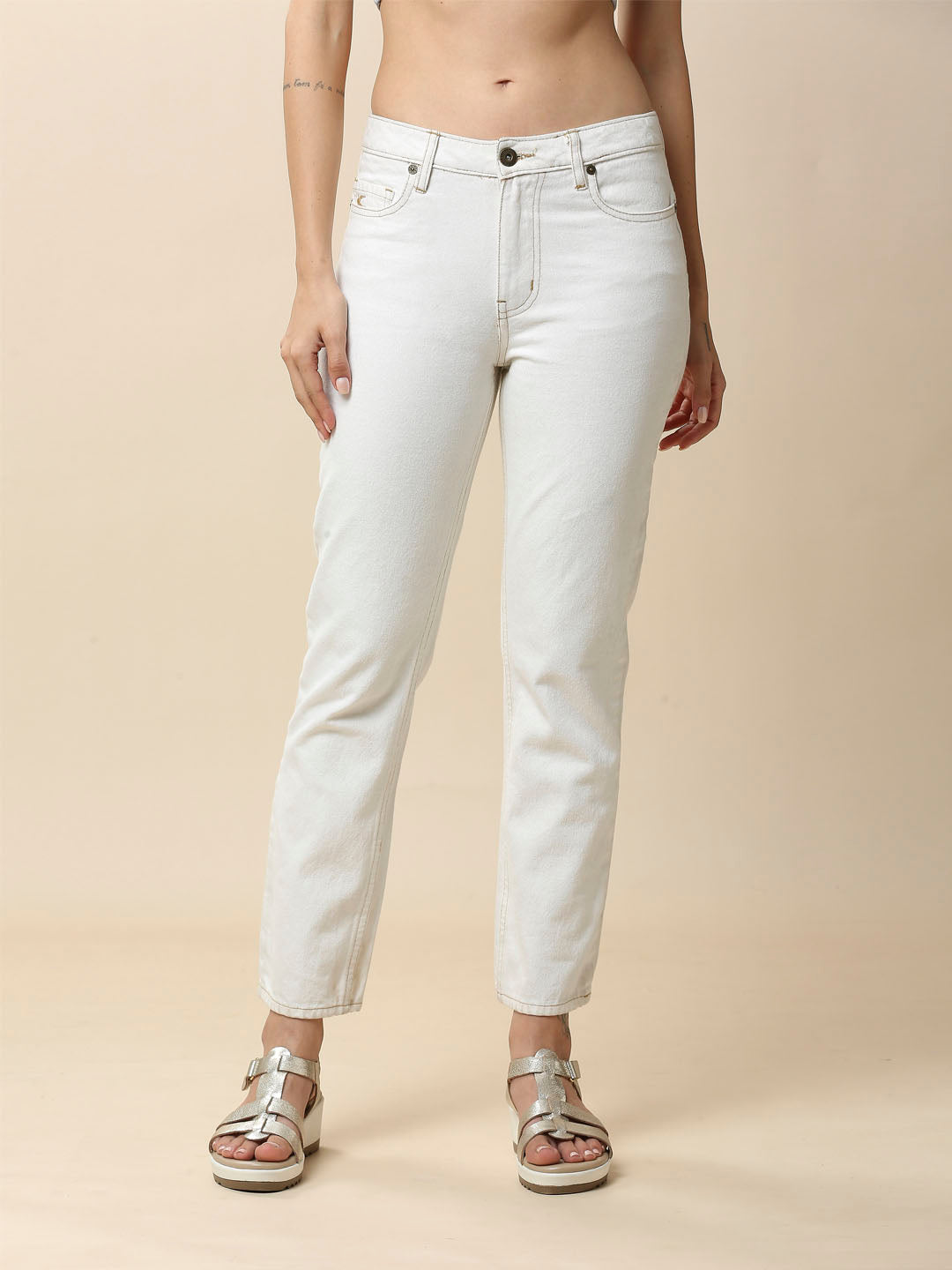 WHITE DENIM MID RISE STRAIGHT LEG CROPPED JEANS