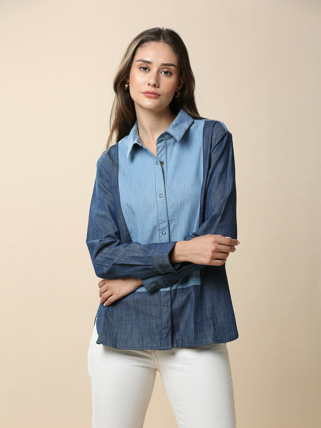 LIGHT WEIGHT DENIM COLOR BLOCKED SHIRT