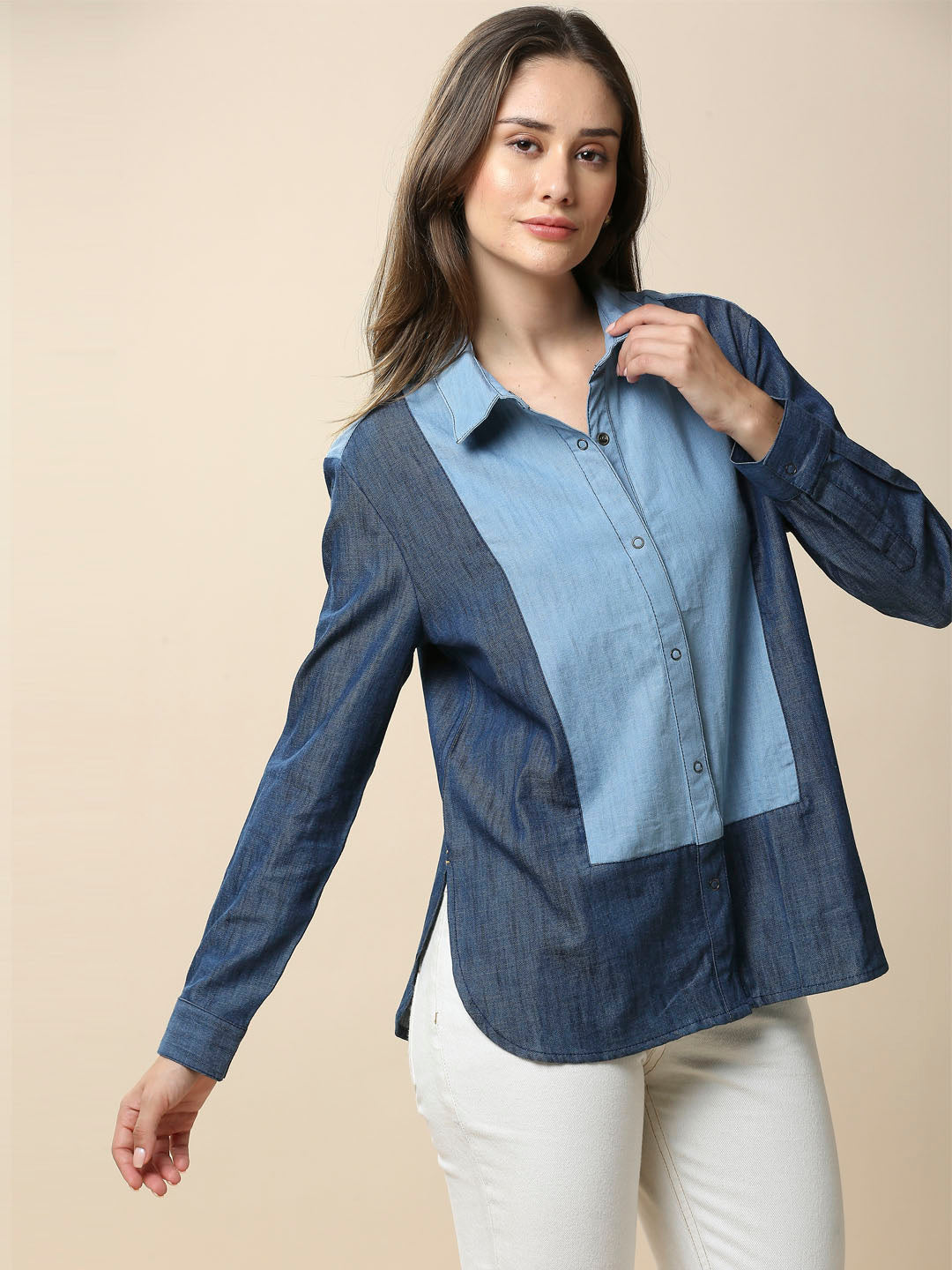 LIGHT WEIGHT DENIM COLOR BLOCKED SHIRT