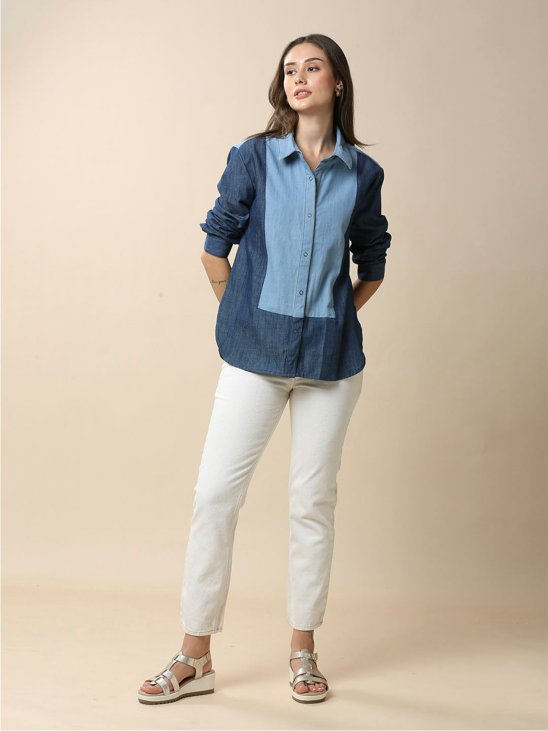 LIGHT WEIGHT DENIM COLOR BLOCKED SHIRT
