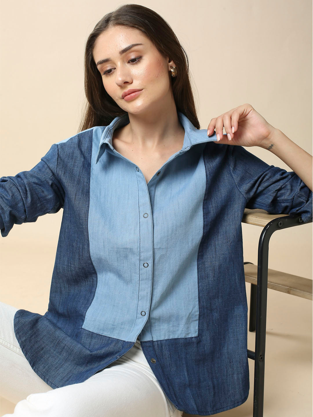 LIGHT WEIGHT DENIM COLOR BLOCKED SHIRT