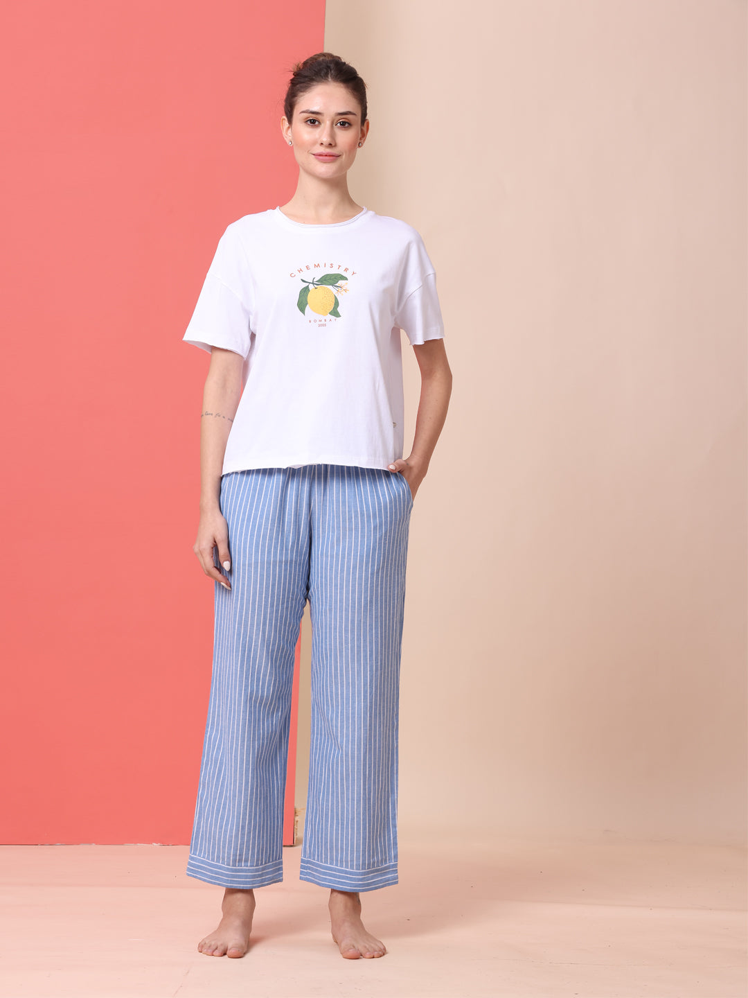 COTTON PRINTED TEE & STRIPED PJ NIGHT SUIT