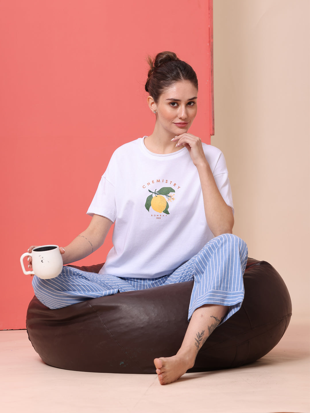 COTTON PRINTED TEE & STRIPED PJ NIGHT SUIT