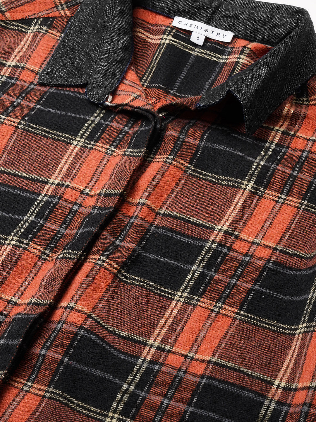 BRUSHED FLANNEL PLAID SHIRT WITH INDIGO DENIM COLLAR