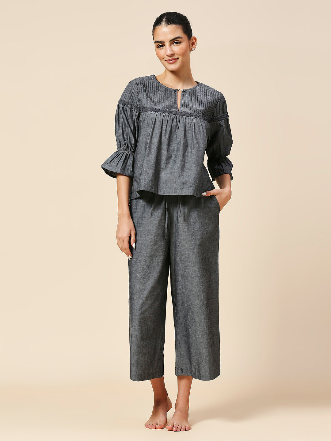 COTTON CHAMBRAY PINTUCKED YOKE CHEMISE & CROPPED PJ'S LOUNGE SET