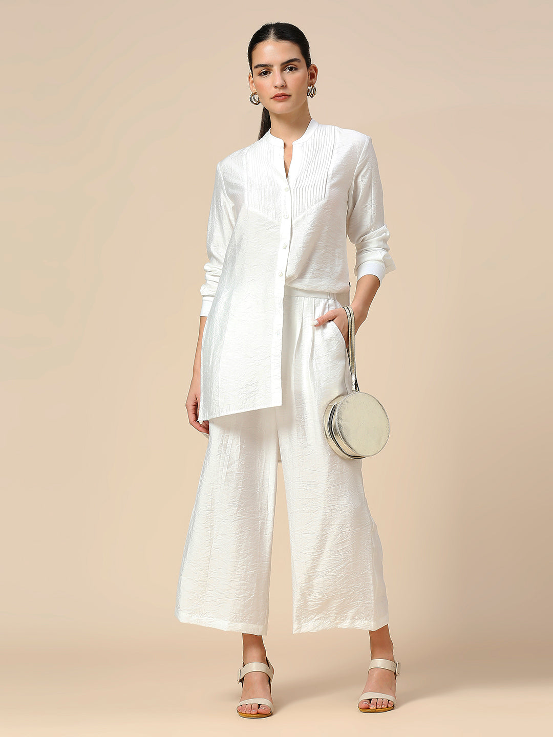 PLEATED YOKE LONGLINE SHIRT & PLEATED FLARED PULL ON PJ'S POLY CRUSH CO-ORD SET