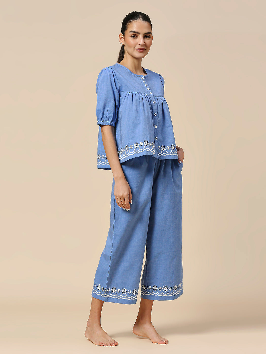 COTTON CHAMBRAY SCHIFFLI EMBROIDERED NIGHT SUIT