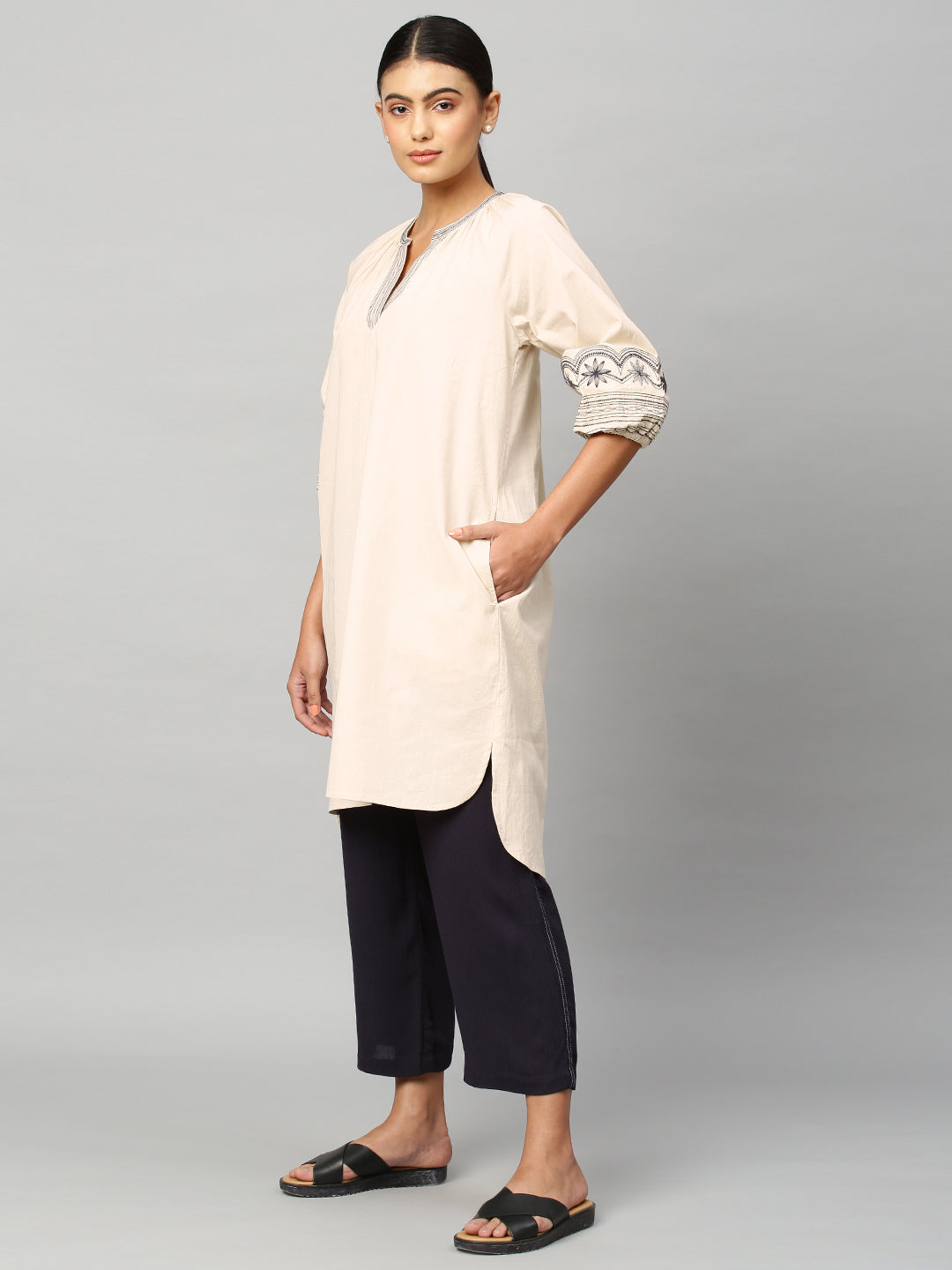Poplin Embroidered Tunic And Crinkle Rayon Set