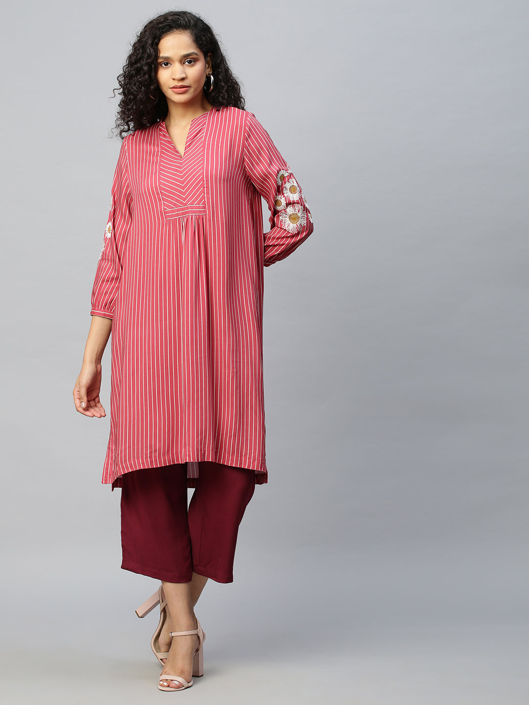 Striped Rayon Embroidered Sleeve Kurta Set