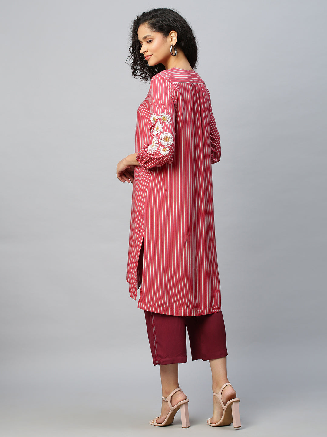 Striped Rayon Embroidered Sleeve Kurta Set