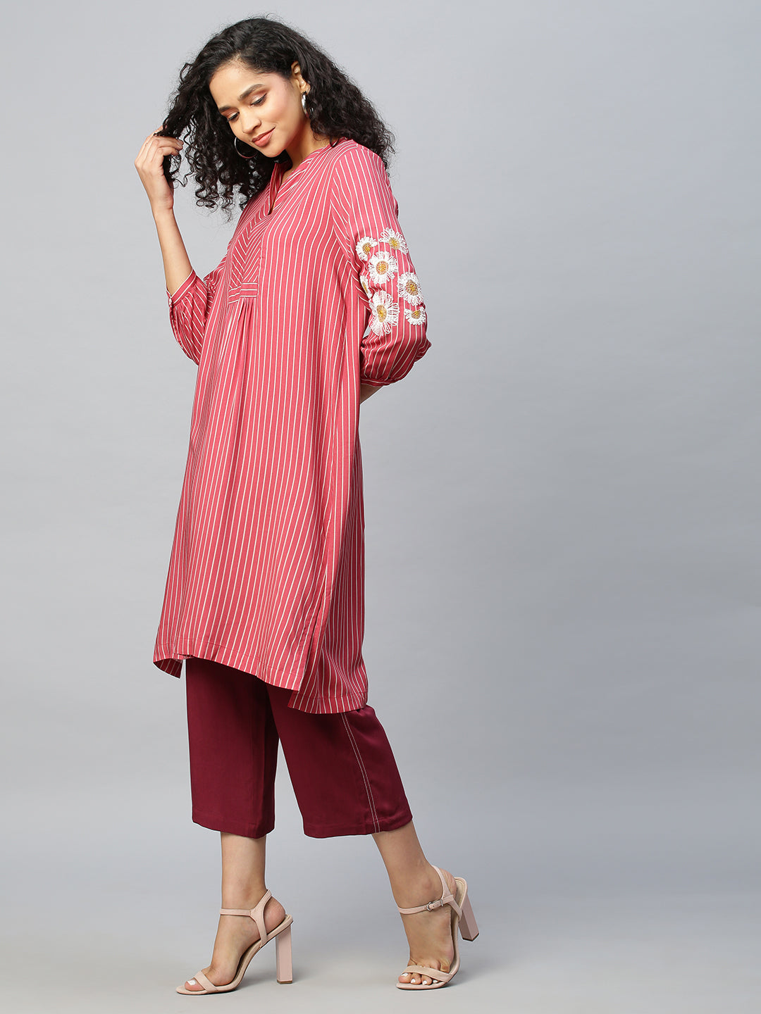 Striped Rayon Embroidered Sleeve Kurta Set