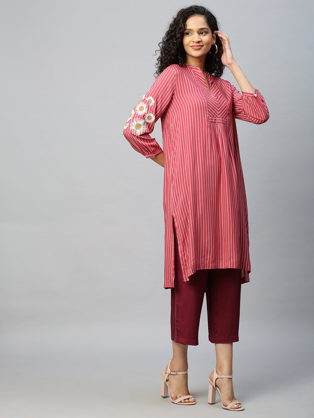 Striped Rayon Embroidered Sleeve Kurta Set