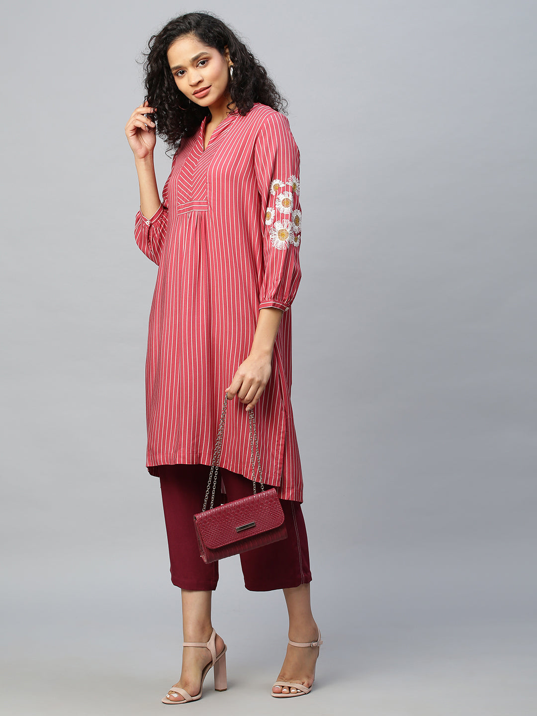Striped Rayon Embroidered Sleeve Kurta Set