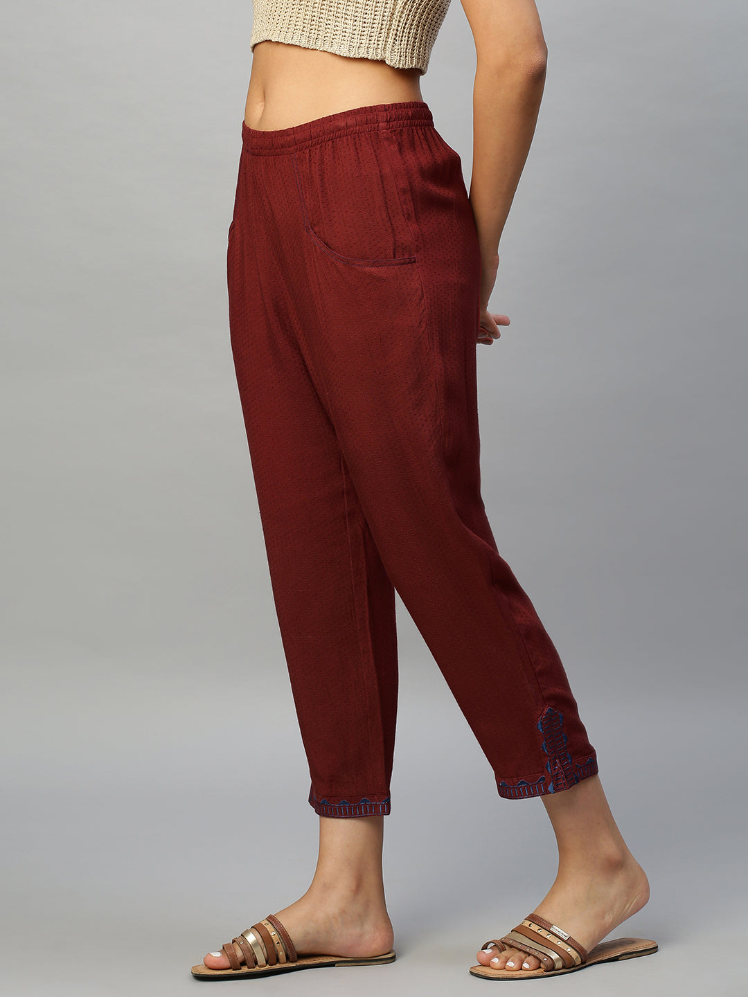 Rayon Dobby Embroidered Pull On Trousers
