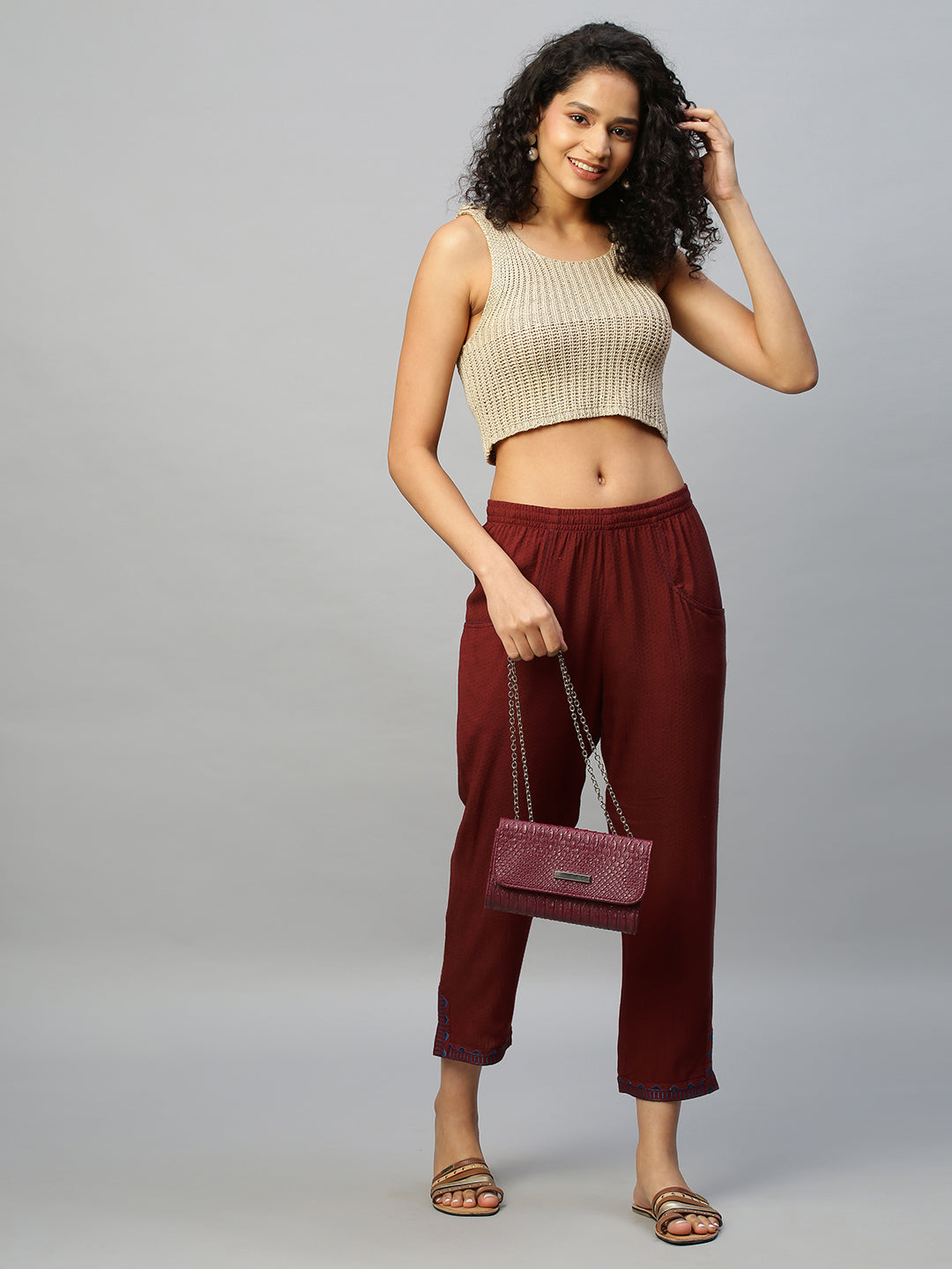 Rayon Dobby Embroidered Pull On Trousers