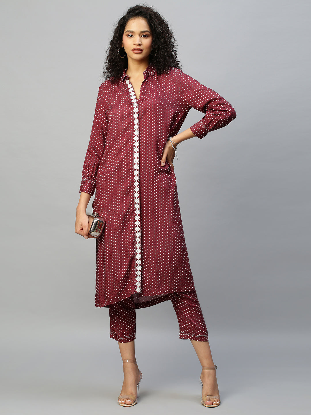 Rayon Dot Printed Embroidered Placket Shirt Styled Tunic  And Trouser Set