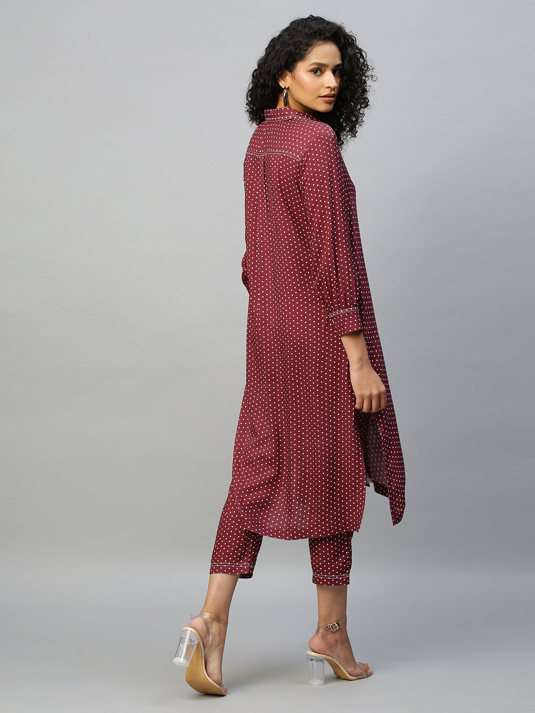 Rayon Dot Printed Embroidered Placket Shirt Styled Tunic  And Trouser Set