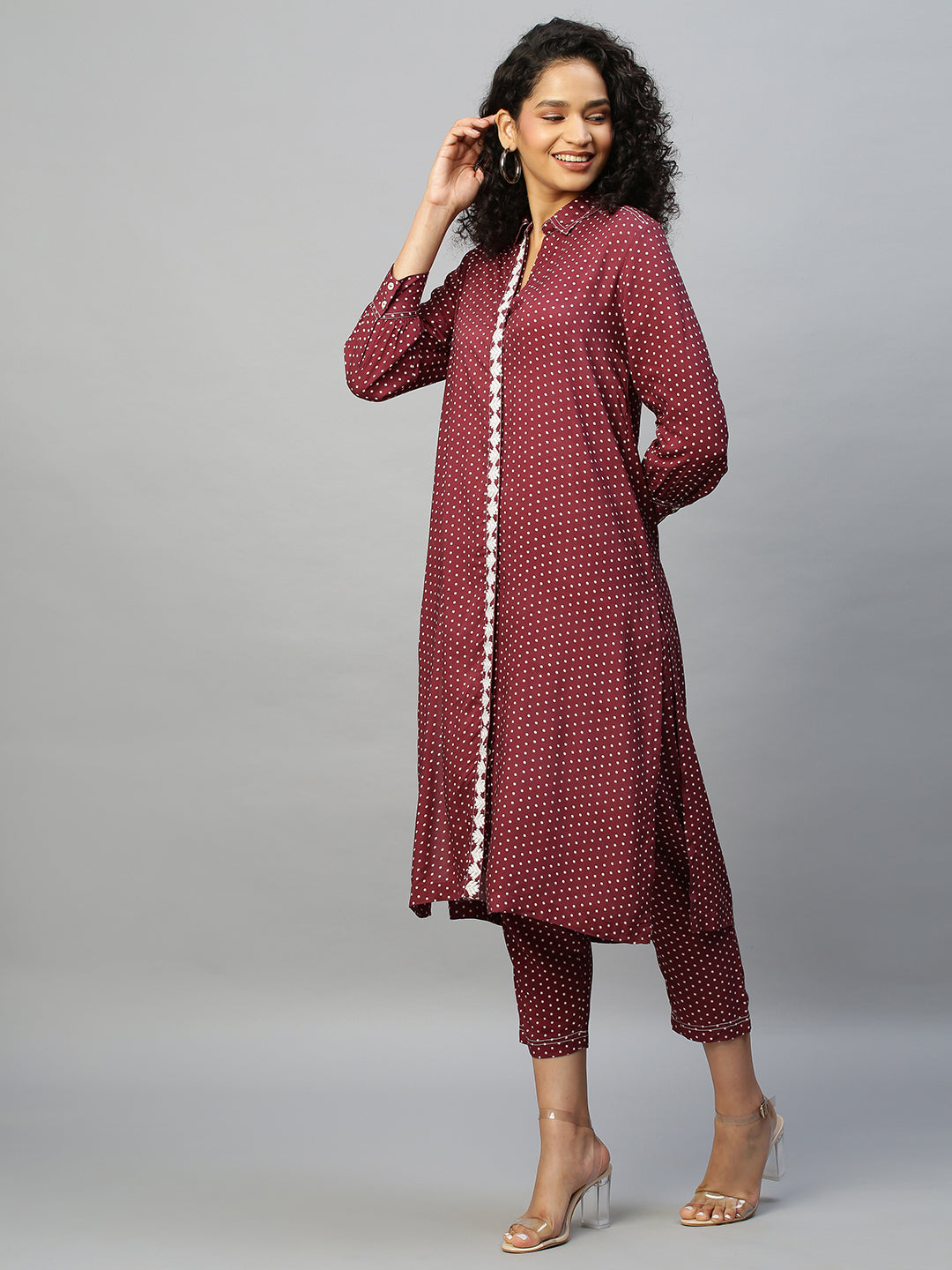 Rayon Dot Printed Embroidered Placket Shirt Styled Tunic  And Trouser Set