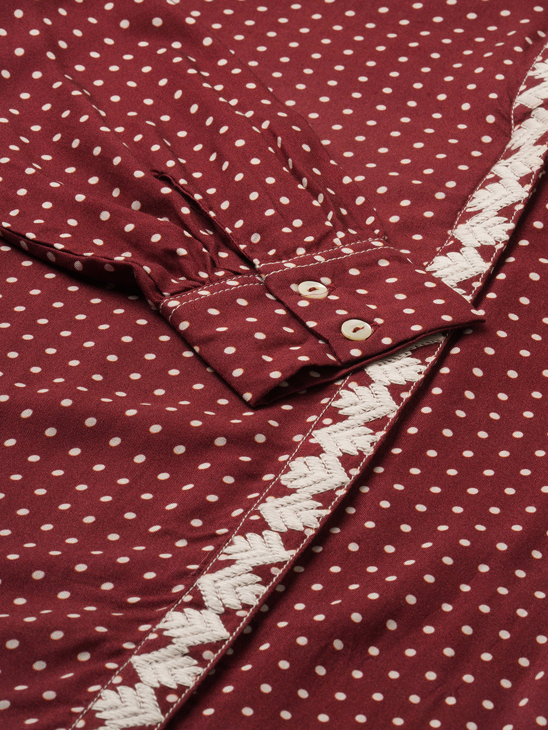 Rayon Dot Printed Embroidered Placket Shirt Styled Tunic  And Trouser Set