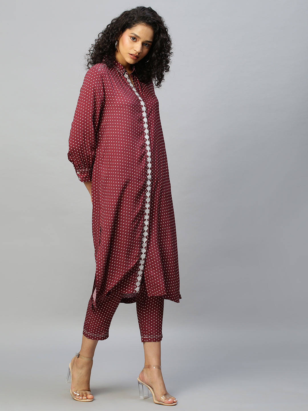 Rayon Dot Printed Embroidered Placket Shirt Styled Tunic  And Trouser Set