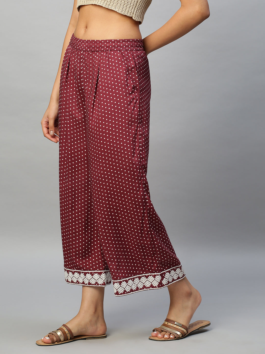 Printed Rayon Pleated Pull On Cropped Palazzos With An Embroidered Hemline