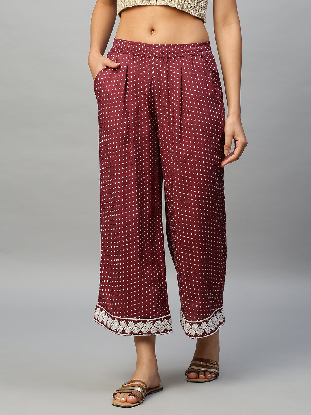 Printed Rayon Pleated Pull On Cropped Palazzos With An Embroidered Hemline