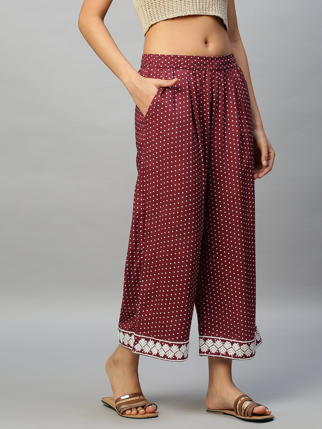 Printed Rayon Pleated Pull On Cropped Palazzos With An Embroidered Hemline