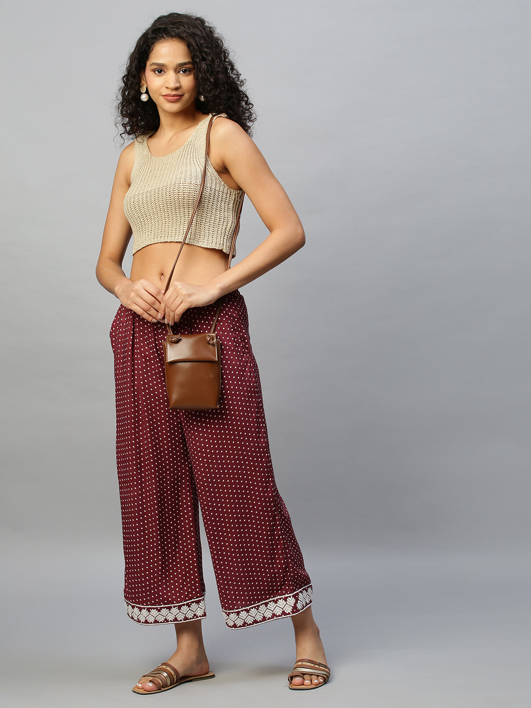 Printed Rayon Pleated Pull On Cropped Palazzos With An Embroidered Hemline