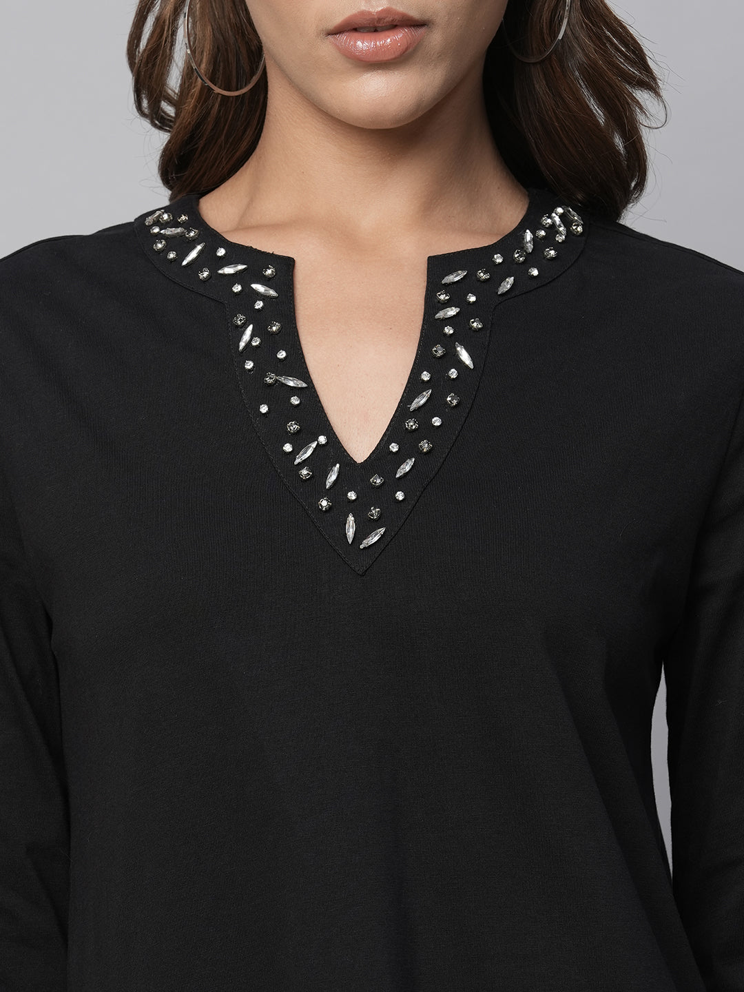 Cotton Jersey Embellished Longline Tee W/ Cropped Slim Pant Set