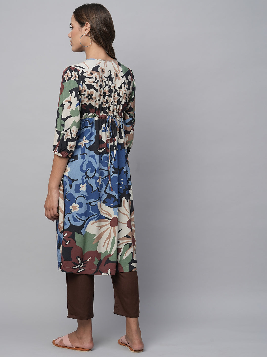 Overblown Floral Pintucked Yoke, Rayon Kurta Set