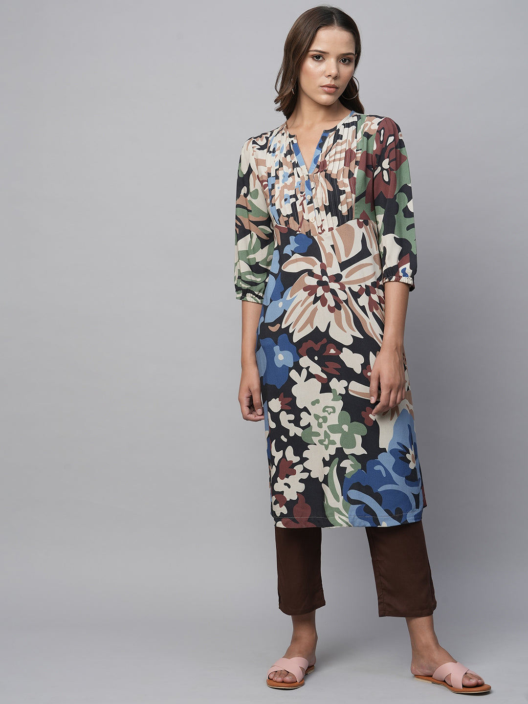 Overblown Floral Pintucked Yoke, Rayon Kurta Set