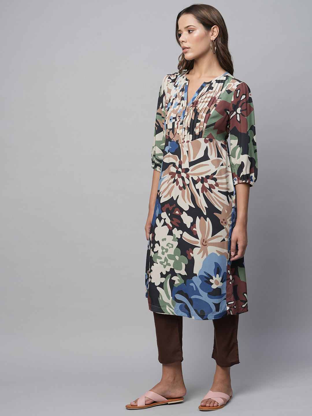 Overblown Floral Pintucked Yoke, Rayon Kurta Set