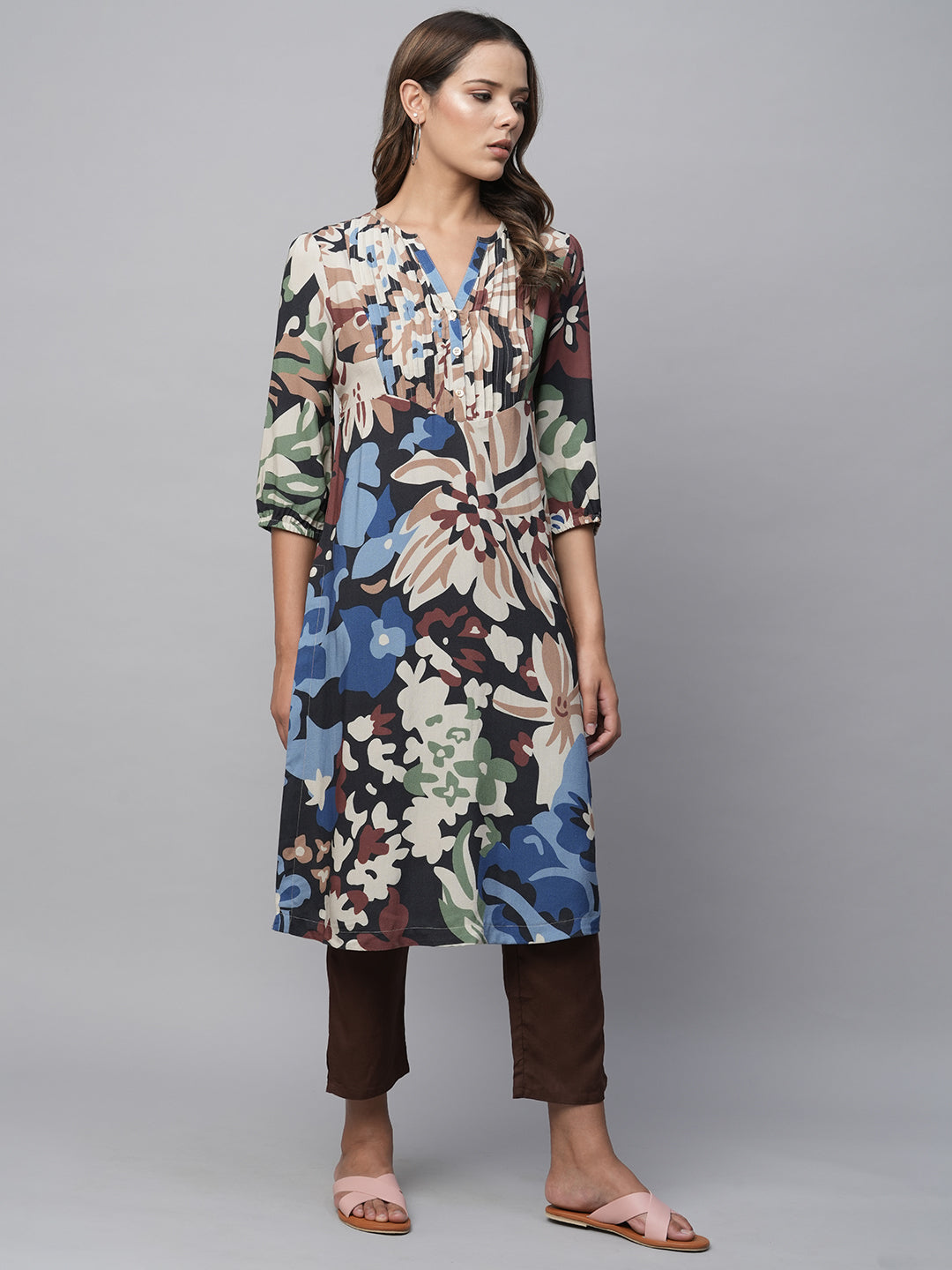 Overblown Floral Pintucked Yoke, Rayon Kurta Set