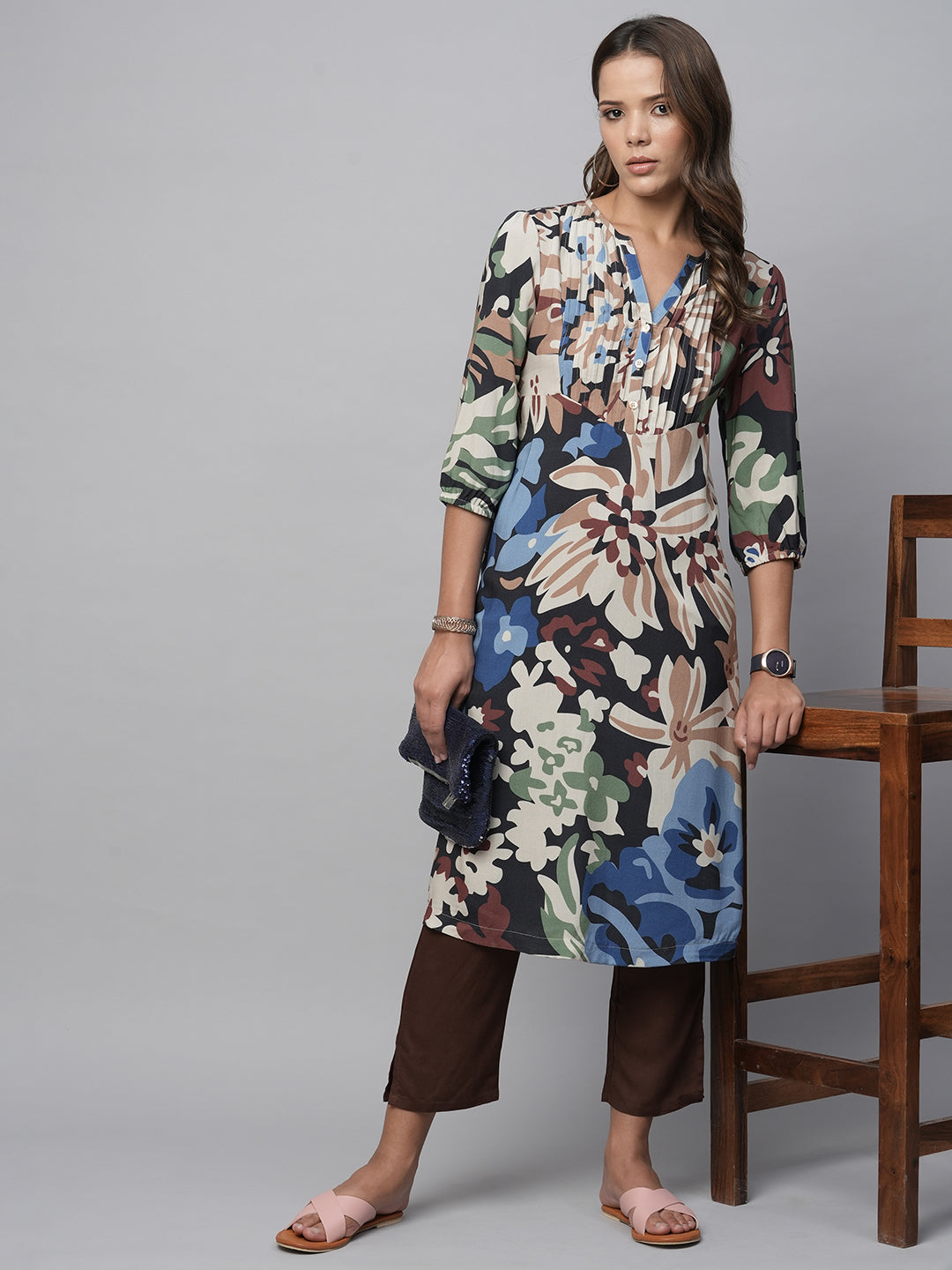 Overblown Floral Pintucked Yoke, Rayon Kurta Set